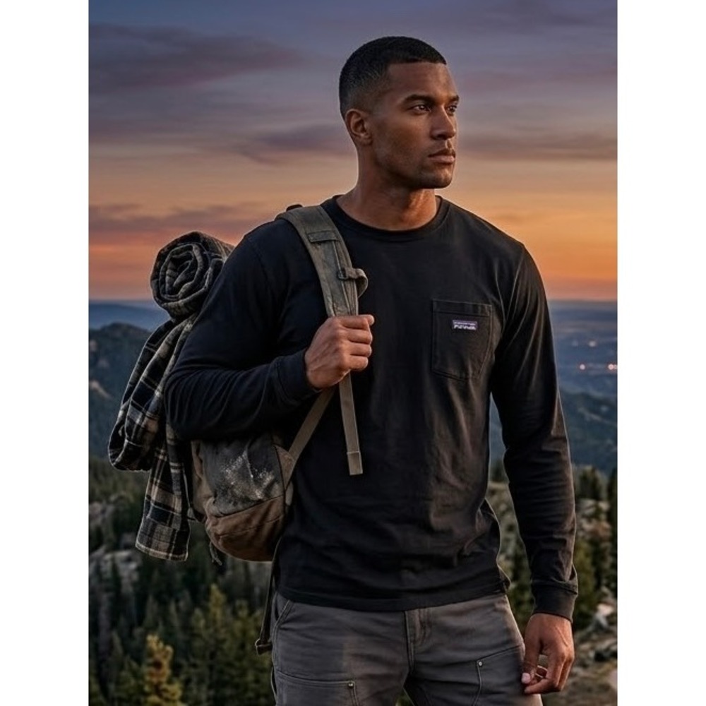 Patagonia Mens Long Sleeve Pocket T-Shirt Hemp Organic Cotton Black L